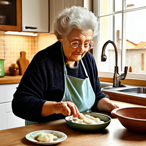 Home 19 **Image Prompt:** A cozy kitchen scene with a Polish grandmother (babcia) teaching her grandchild how to cook pierogi. Focus on the modern twist – using whole wheat flour, lots of vegetables in the filling (spinach, mushrooms), and a steamer instead of frying. The grandmother is substituting coconut oil for lard. Warm, inviting atmosphere.