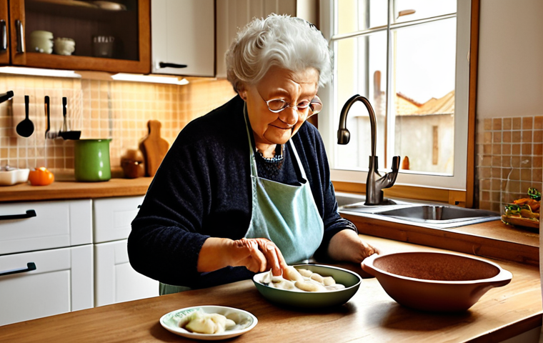**Image Prompt:** A cozy kitchen scene with a Polish grandmother (babcia) teaching her grandchild how to cook pierogi. Focus on the modern twist – using whole wheat flour, lots of vegetables in the filling (spinach, mushrooms), and a steamer instead of frying. The grandmother is substituting coconut oil for lard. Warm, inviting atmosphere.