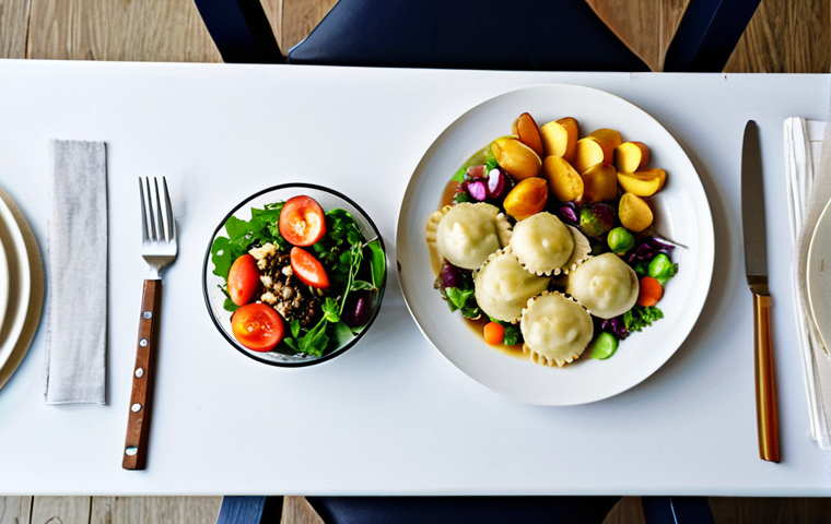 Modern Polish Dinner Table**
"A well-lit, overhead shot of a Polish dinner table. The table is laden with a mix of traditional and modern dishes: pierogi, a vibrant salad with local seasonal vegetables, and a modern dish featuring lab-grown meat. The scene includes local Polish fruits like apples and plums. The focus is on the diverse food and family-friendly atmosphere. 'Safe for work', 'appropriate content', 'fully clothed', 'family-friendly', 'professional', 'perfect anatomy', 'correct proportions', 'natural pose', 'high quality'."
**