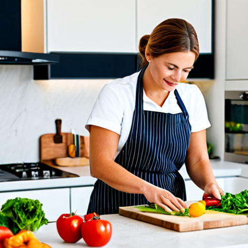 Home 17 Modern Kitchen Scene**
"A professional woman in a fully clothed, modest kitchen apron, preparing a healthy meal with fresh, local ingredients on a modern kitchen island, appropriate attire, safe for work, perfect anatomy, natural proportions, well-lit, professional photography, high quality, family-friendly."
**