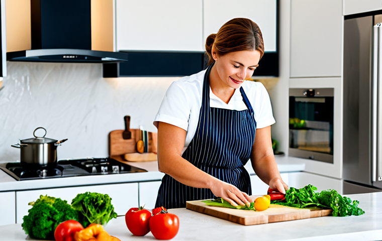 Modern Kitchen Scene**
"A professional woman in a fully clothed, modest kitchen apron, preparing a healthy meal with fresh, local ingredients on a modern kitchen island, appropriate attire, safe for work, perfect anatomy, natural proportions, well-lit, professional photography, high quality, family-friendly."
**