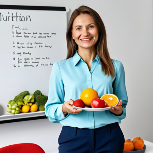Home 8 **
"A professional female nutritionist in a bright, modern office in Warsaw, Poland, fully clothed in a modest, stylish blouse and smart trousers, appropriate attire for a dietitian, safe for work. She is smiling warmly and holding a colourful plate of fresh fruit and vegetables. Behind her is a whiteboard with healthy eating tips written in Polish. Perfect anatomy, correct proportions, natural pose, well-formed hands, proper finger count, natural body proportions, professional photography, high quality, family-friendly."
**