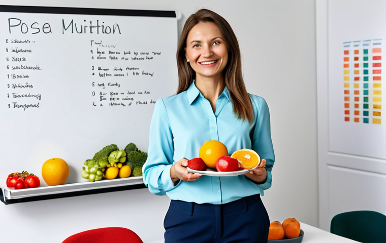 **
"A professional female nutritionist in a bright, modern office in Warsaw, Poland, fully clothed in a modest, stylish blouse and smart trousers, appropriate attire for a dietitian, safe for work. She is smiling warmly and holding a colourful plate of fresh fruit and vegetables. Behind her is a whiteboard with healthy eating tips written in Polish. Perfect anatomy, correct proportions, natural pose, well-formed hands, proper finger count, natural body proportions, professional photography, high quality, family-friendly."
**