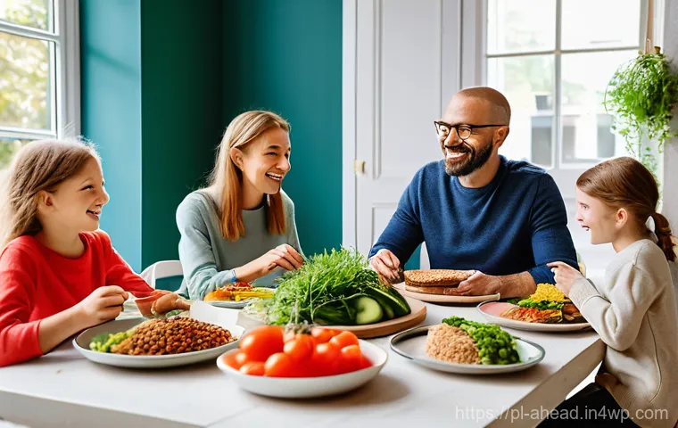 미래 식단을 위한 지속 가능한 해법 - **Prompt: A vibrant, warm scene inside a modern Polish kitchen where a family (parents in their late...