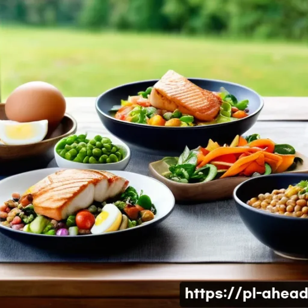 미래 식단의 영양 균형 맞추기 - A vibrant, modern kitchen scene featuring a diverse spread of balanced meals on a wooden dining tabl...