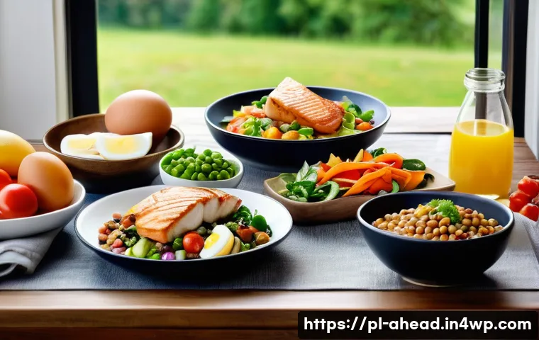 미래 식단의 영양 균형 맞추기 - A vibrant, modern kitchen scene featuring a diverse spread of balanced meals on a wooden dining tabl...