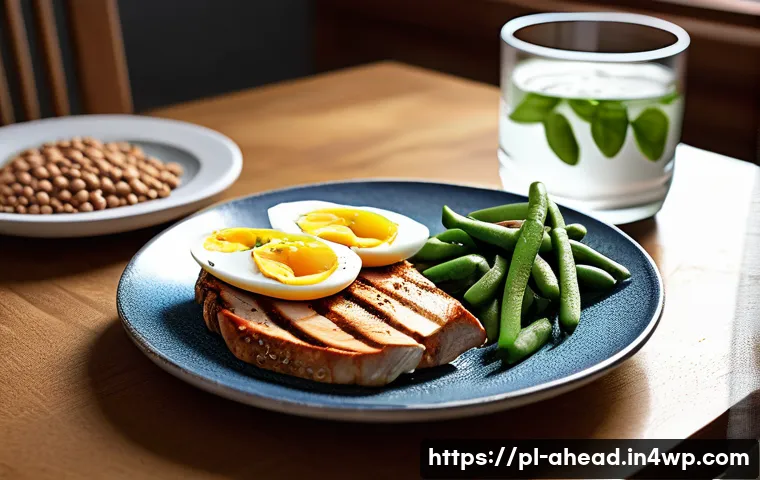영양소 분석을 통한 최적 식단 구성 - A detailed, realistic illustration of a balanced meal plate featuring high-protein foods typical for...