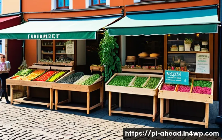 비건 대체 식품의 발전과 소비자 반응 - A vibrant farmer’s market scene in a Polish small town showcasing local producers selling a variety ...