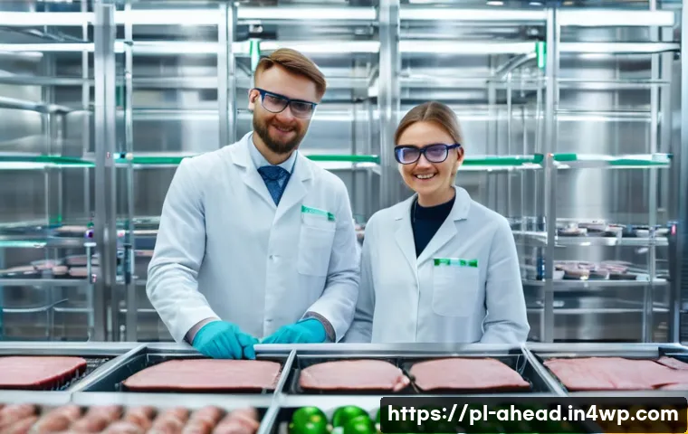고품질의 대체 단백질 개발 동향 - A high-resolution close-up of a modern plant-based protein production facility in Poland, showcasing...