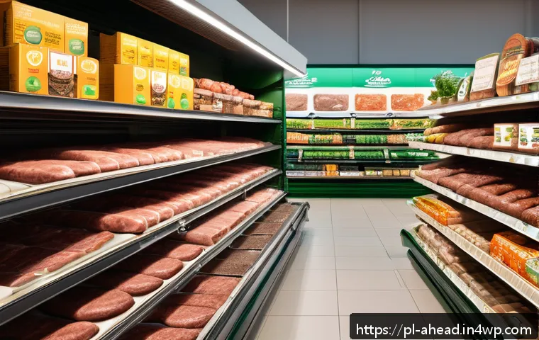 식사 대체 식품의 발전 현황 - A vibrant Polish grocery store shelf filled with a diverse selection of plant-based meat alternative...
